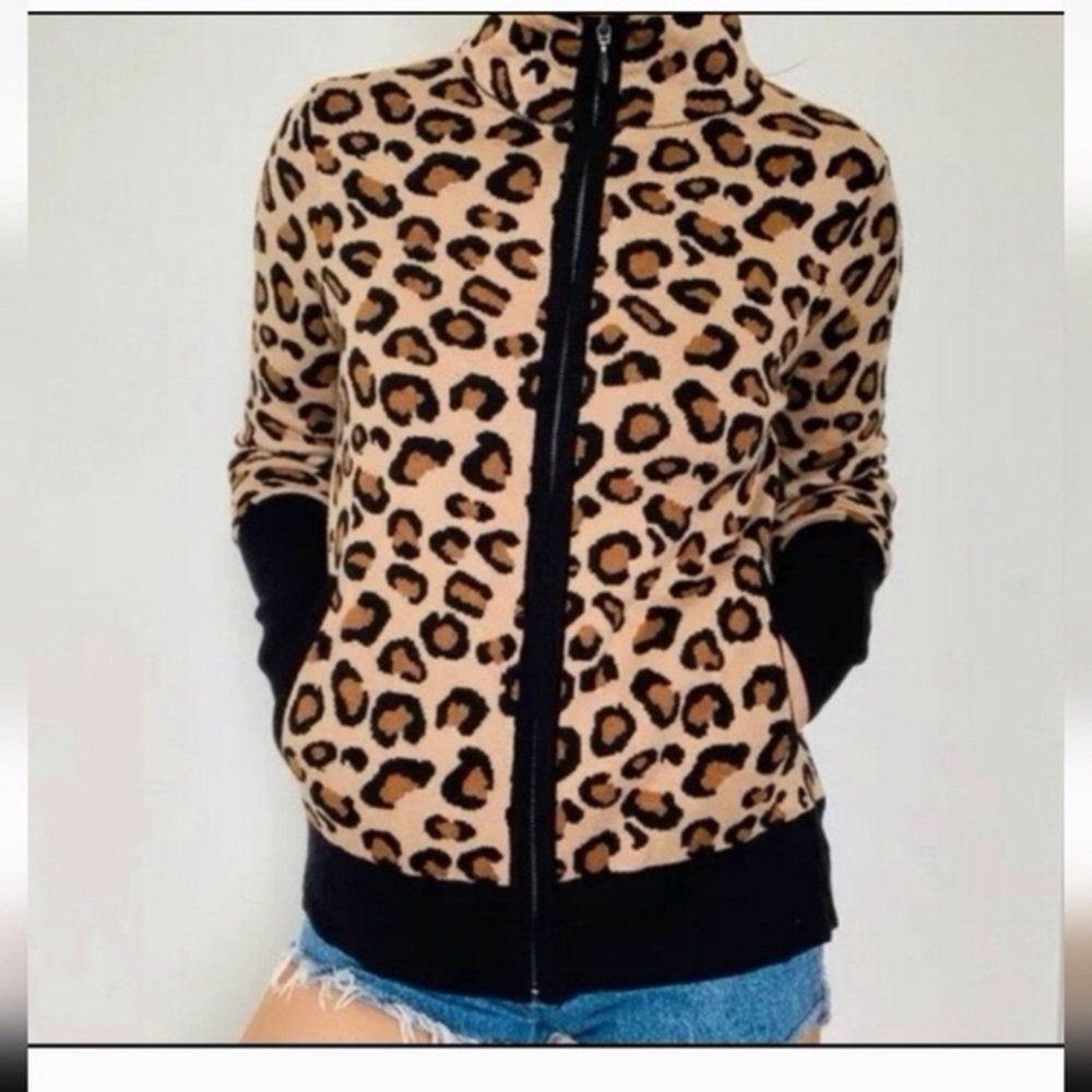 Rachel Zoe Tan Black Leopard Print Zippered Sweater Cardigan Pockets EUC XS - Picture 2 of 7